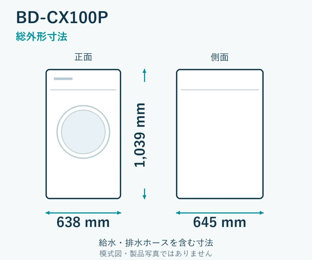 BD-CX100Pの外形寸法。幅638mm、奥行645mm、高さ1039mm。ホース取付部を含む模式図。
