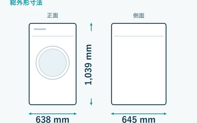 BD-CX100Pの外形寸法。幅638mm、奥行645mm、高さ1039mm。ホース取付部を含む模式図。