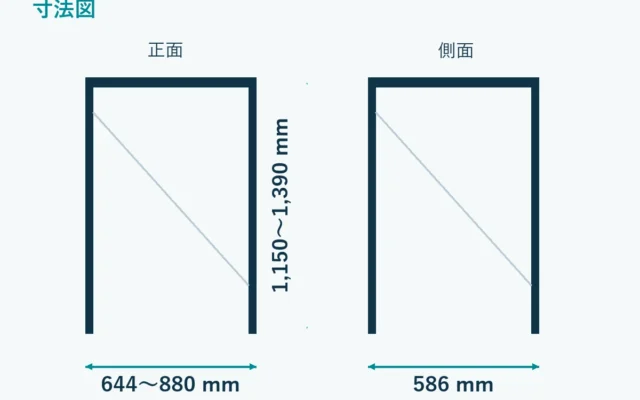 N-UF51の寸法模式図。幅644～880mm、奥行586mm、高さ1,150～1,390mm。ユニット台単体・幅と高さは各5段階。製品写真ではありません。