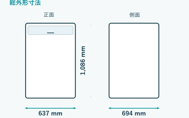NA-FA12V6の寸法模式図。幅637mm、奥行694mm、高さ1086mm。給水・排水ホースを含む寸法。製品写真ではありません。