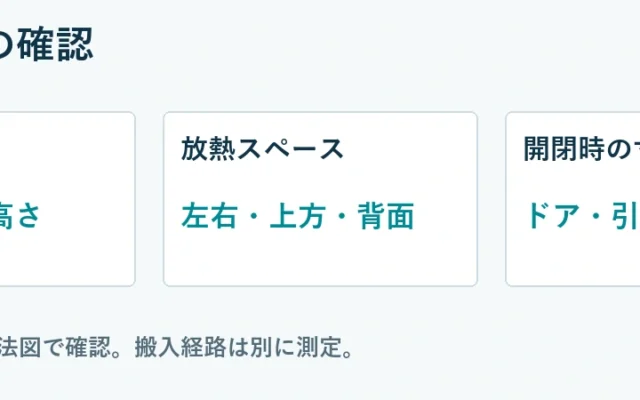 設置寸法の確認。本体寸法：幅・奥行・高さ、放熱スペース：左右・上方・背面、開閉時の寸法：ドア・引き出し。3つを型番別の寸法図で確認。搬入経路は別に測定。