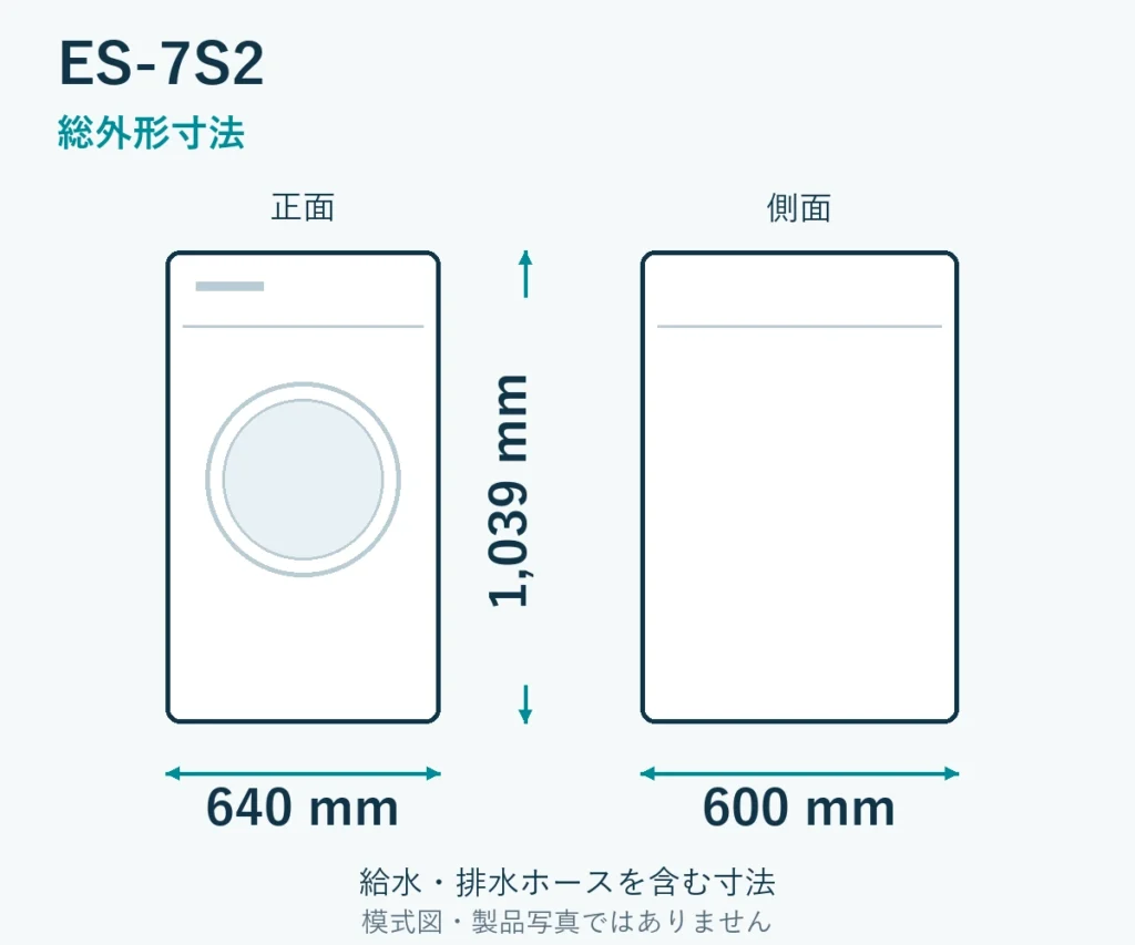 ES-7S2の外形寸法。幅640mm、奥行600mm、高さ1039mm。ホース取付部を含む模式図。