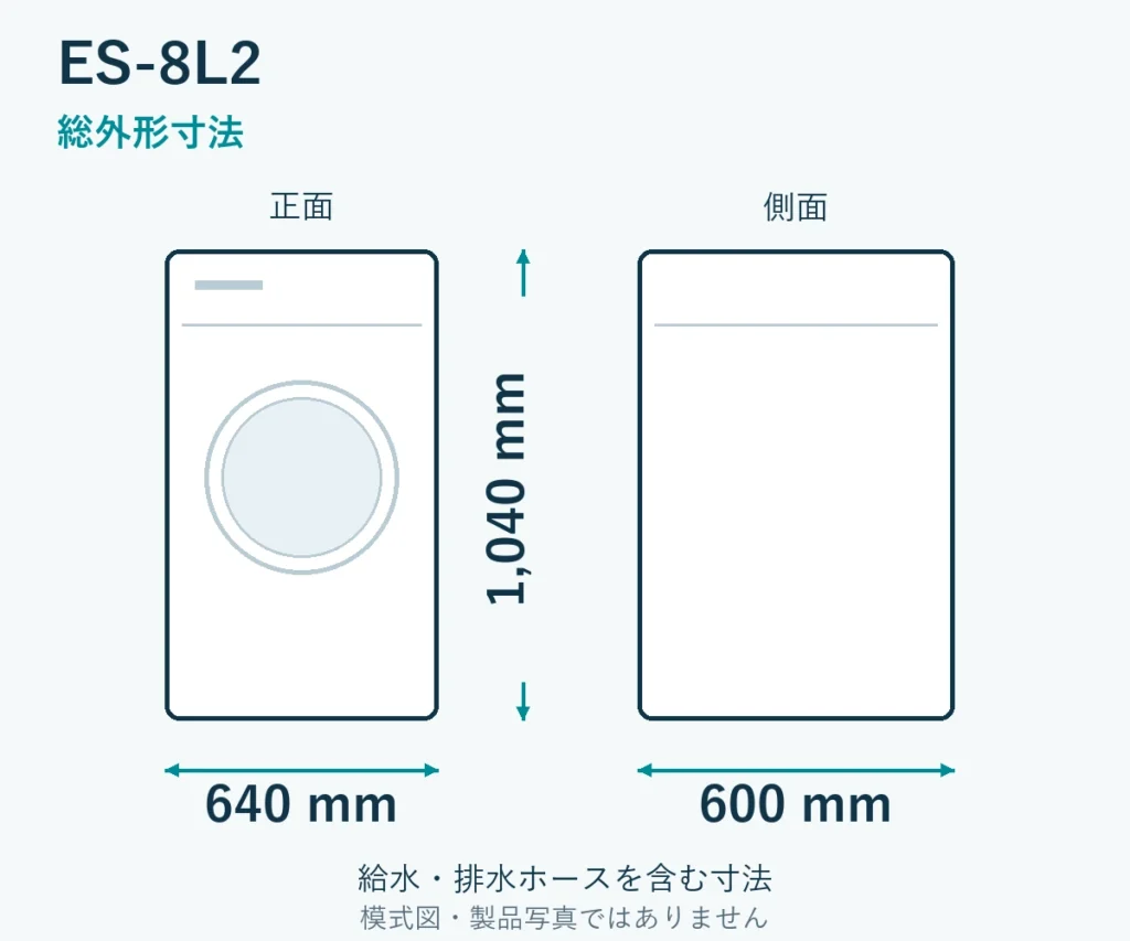 ES-8L2の外形寸法。幅640mm、奥行600mm、高さ1040mm。ホース取付部を含む模式図。