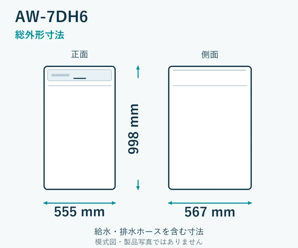 AW-7DH6の外形寸法。幅555mm、奥行567mm、高さ998mm。ホース取付部を含む模式図。